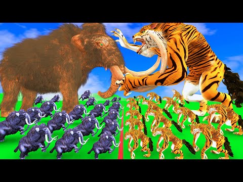 20 Mammoth Elephant vs 20 Giant Tiger Wolf Fight Cow Cartoon Buffalo Saved by Woolly Mammoth