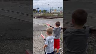 Working The Railroad Gates And Bell At The Crossing! #railfans #railroadcrossing #kids #train #bnsf