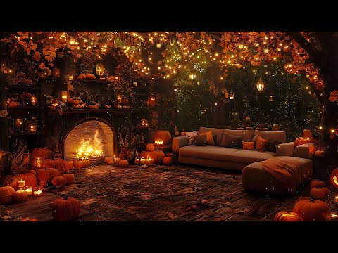 Autumn Jazz & Halloween Ambience | Cozy Rain & Crackling Fireplace with Pumpkins 🍁🎃