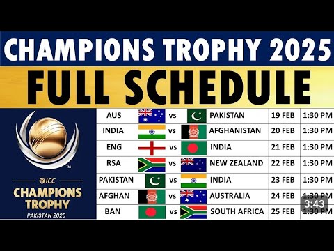 ICC Champion Trophy 2025 Full Schedule। ICC CT 2025 Started 19 Feb, 1:30pm। #iccchampionstrophy2025