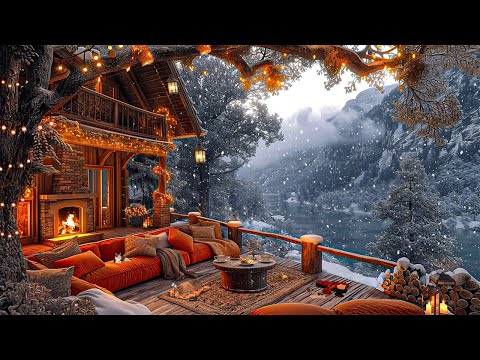 Warm Winter Vibes On The Outdoor Lakeside Cafe ☕ Soft Jazz Music & Cozy Fireplace for Relax, Study