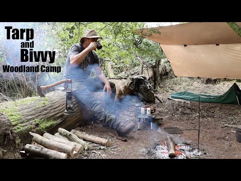 Woodland Overnight Camp.  Tarp and Bivvy.  Campfire Pizza Cooked in a Swedish Army Mess Kit.