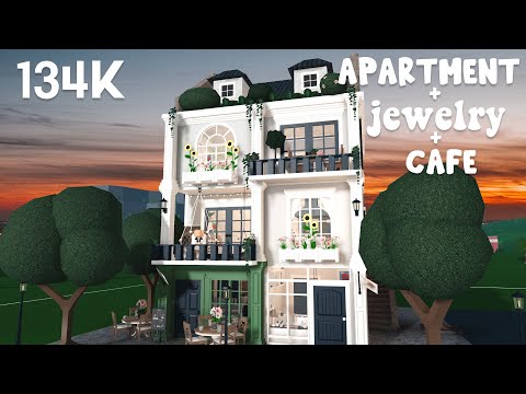 :) affordable roleplay apartment building with a jewelry store + Cafe | Bloxburg