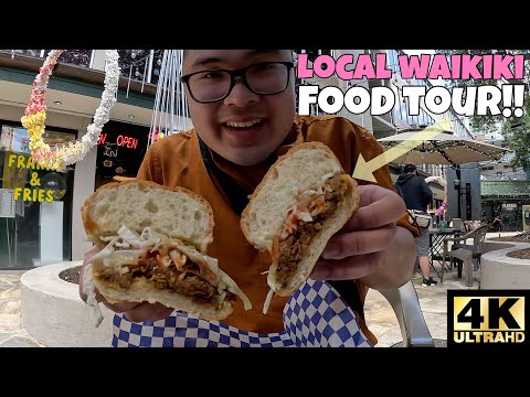 WAIKIKI LOCAL FOOD TOUR!! BEST SHAVE ICE + LOCAL KALUA PULLED PORK IN WAIKIKI, USA 🥪🍧 [4K]