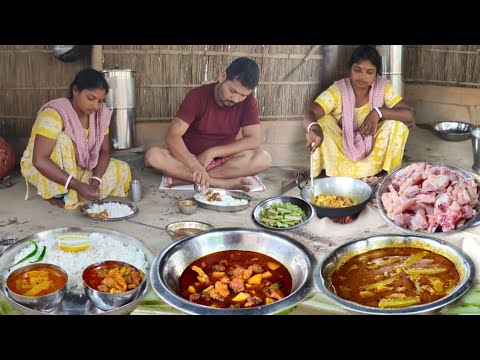 Chicken curry and kachu deta jhul recipe cooking and eating | village lady cooking | chicken gravy