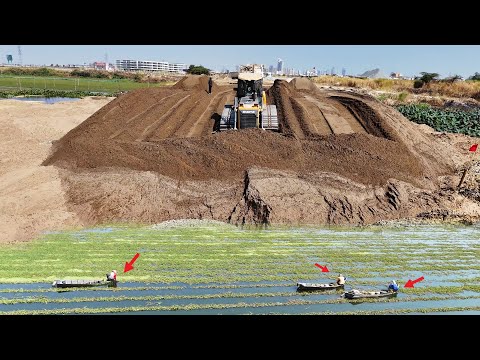 Very Impressive Operator Sand Filling Process Dozer Pushing Sand, DONGFENG Truck Unloading Sand