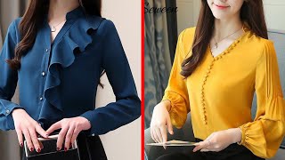 Most popular styles tunice top blouse frill with button details office wear blouse 2021