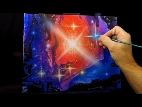 Starlight acrylic galaxy pour painting with airbrush on canvas