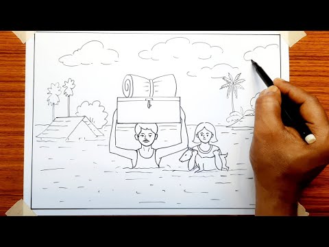 How to draw flood | বন্যা drawing easy step by step