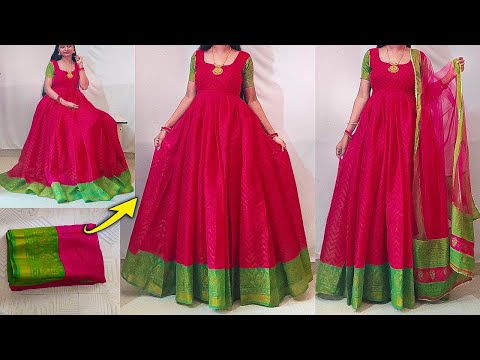 Convert Saree into pleated princess cut gown with duppatta | long dress cutting stitching in kannada