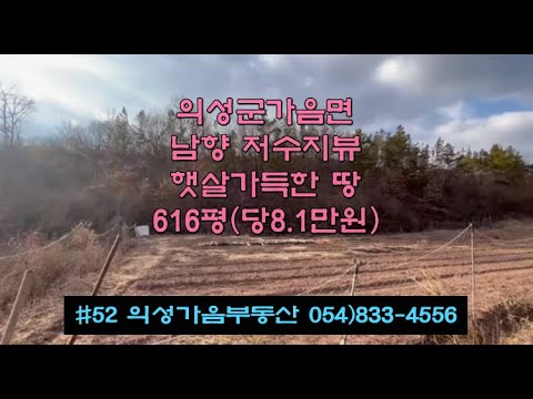 #52 의성가음부동산 계곡입구 남향 저수지뷰 (낚시가능) 채전밭 616평  5600만 (당8.1만원) 연못포함 큰차진입가능 농막설치 힐링공간 주말농장용 #의성가음부동산#의성토지매매