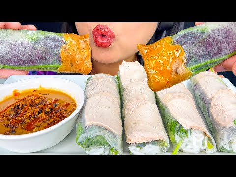 PORK BELLY SPRING ROLLS DIPPED IN MY FAMOUS PEANUT SAUCE | MUKBANG | EATING SOUNDS | ASMR Phan