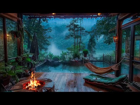 Tropical Forest Porch In The Rain with Rain On Roof and Fireplace Inside House | Relaxing Sound ASMR