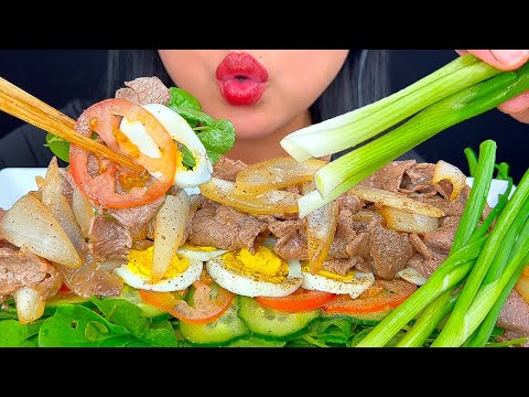 ASMR STEAK, WATERCRESS, EGG & RAW GREEN ONIONS | MUKBANG | EATING SOUNDS | ASMR PHAN