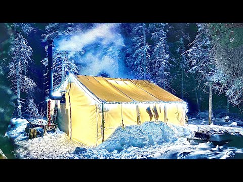 WINTER CAMPING in a GLOWING HOT TENT HUT