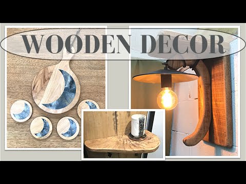 WOODEN DECOR IDEAS - RUSTIC WALL SCONCES - WOODEN SHELF - CRESCENT MOON CUTTING BOARD DUPE