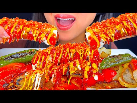 ASMR HOT CHEETOS GRILLED WHITE CHEDDAR BACON SAUSAGE, GRILLED ONIONS & PEPPERS | MUKBANG | ASMR PHAN