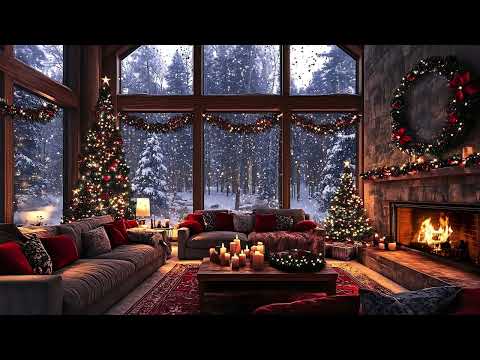 Christmas Jazz Music at Winter Cozy Cabin Room 🎄 Snow Falling & Cozy Fireplace with Jazz Music 4K