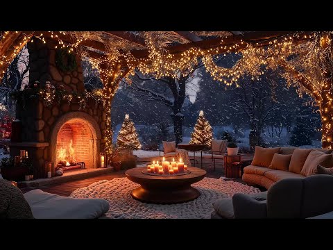 Winter Porch Ambience: Jazz, Snowfall & Crackling Fireplace for Stress Relief ⛄