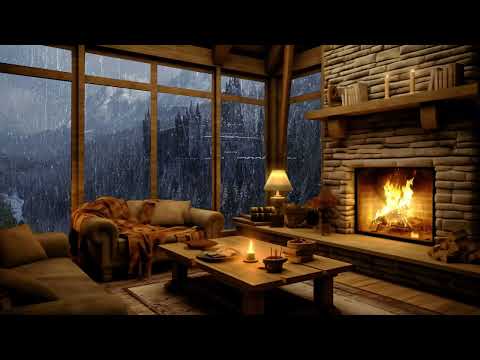 Cozy Cabin Ambience 🌧️ Rainy with Soft Jazz 🌧️ Heavy Rain, Fireplace Sounds to Relax, Sleep