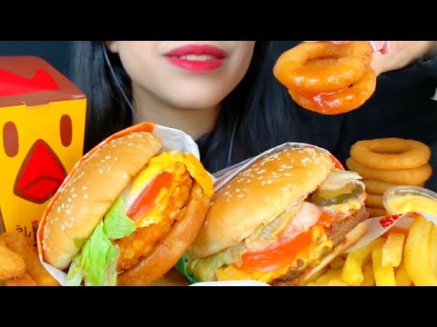 ASMR, Mukbang, Juicy Burger, Fries, Onion Rings Eating Vlog 육즙버거, 감자튀김, 양파링 먹기 @hesasmr