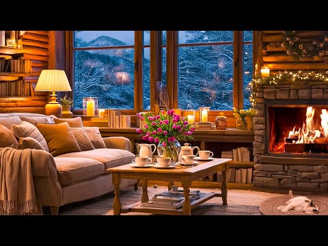 Snowy Day at Cozy Winter Coffee Shop Ambience With Warm Jazz Music & Fireplace Sounds For Relaxing