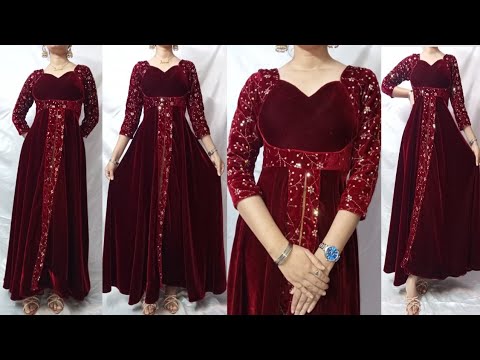 Trendy velvet front open kurti cutting and stitching/ front open frock cutting/velvet dress design