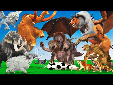 10 Monster Lion Wolf Tiger vs 10 Mammoth Elephant Lion Rescue Cow Cartoon Saved By Woolly Mammoth