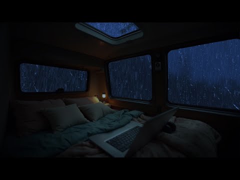 Lie down in the cozy car - heavy rain covers the small space. camping in the rain for 10 hours