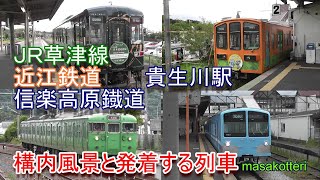 草津線 貴生川駅の構内風景と発着する電車（113系・221系・信楽高原鐡道・近江鉄道）2017.9.17撮影