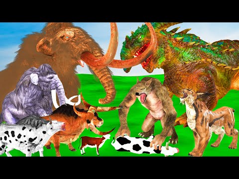 Prehistoric Mammals vs 2 Giant Bulls vs Zombie Wolf Attack Cow Cartoon Saved by Woolly Mammoth