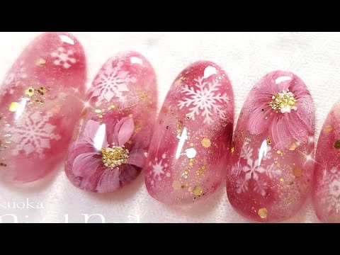 Snow crystal & flower nailart  雪の結晶&フラワーネイルアート