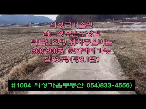 #1004  의성가음부동산 도로근처 들판 벼논마늘논 835평 6800만 (당8.1만) 벼마늘 2모작가능 밭사용추천 전기가능 주말농장 귀농적합 #의성땅#의성벼논#의성부동산#의성땅매매