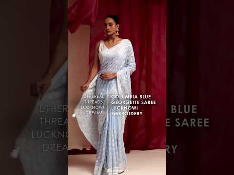 Welcome the Midweek Magic with Blue Georgette Lucknowi Embroidery saree | SINGHANIAS | Ph:9133233310