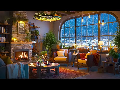 Cozy Winter Coffee Shop Ambience with Warm Jazz Music & Fireplace for Relaxing, Studying or Sleeping