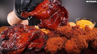 ASMR MUKBANG | BBQ Chicken & Hot Fried Chicken Eating 자메이카 통다리구이 핫후라이드 치킨 치즈볼 감자튀김 소스 듬뿍! 먹방