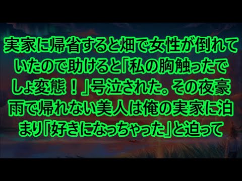 【感動する話】実家に帰省すると畑で女性が倒れていたので助けると「私の胸触ったでしょ変態！」号泣された。その夜豪雨で帰れない美人は俺の実家に泊まり「好きになっちゃった」と迫って【いい話・朗読・泣ける話】