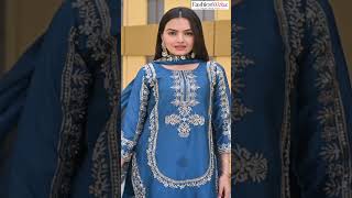 Blue Chinon Embroidered Work Readymade Salwar Suit For Women