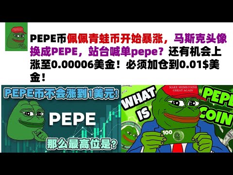 PEPE币佩佩青蛙币开始暴涨，马斯克头像换成PEPE，站台喊单pepe？还有机会上涨至0.00006美金！必须加仓到0.01$美金！#PEPE币#meme币#佩佩币行情分析