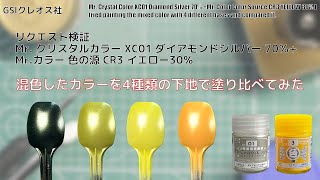 リクエスト検証 Mr. クリスタルカラー XC01 ダイアモンドシルバー 70％ + Mr.カラー 色の源 CR3 イエロー 30％混色したカラーを4種類の下地で塗り比べてみた。