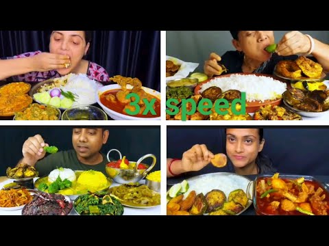 @eating spicy fishcurry🥵rice,dal,began fry chicken curry,green chilli##yt3x speed mukbang challenge