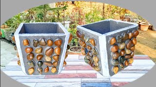 210 | make cement planters with river stone | cement flower pot ideas