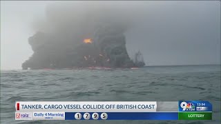 A cargo ship hits a tanker and they catch fire off England