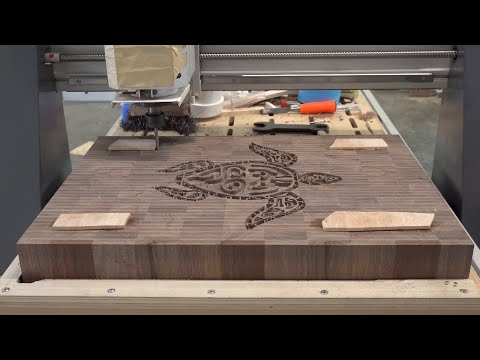 Hawaiian Sea Turtle cutting board / butcher block. CNC woodworking. CNC Inlay. 4K Video.