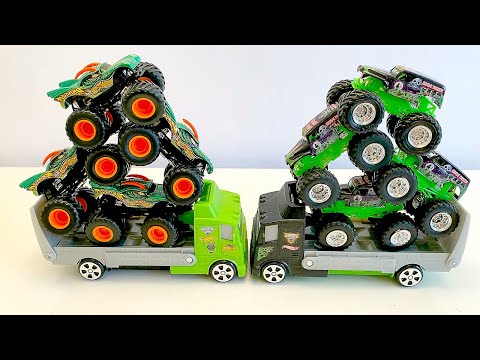 MONSTER JAM BATTLE | DRAGON vs GRAVE DIGGER | TRAVEL TREADS HAULERS | HOT WHEELS MONSTER TRUCKS