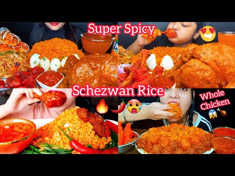 Asmr Eating Spicy Schezwan Rice🔥🌶️Whole Chicken Curry 🍗 Boiled Eggs & Chicken Lollipop| Viral Foods