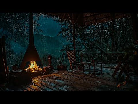 The Hidden Warm Shelter - Surviving Heavy Rain In Forest - Fireplace and Rain Sounds ASMR