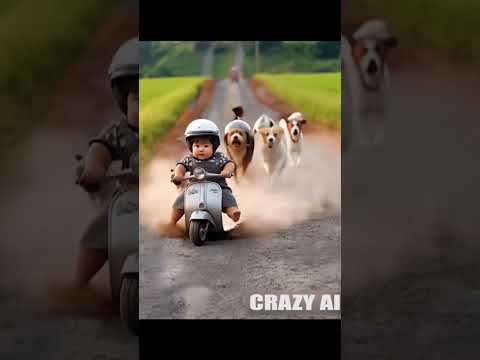 baby ride scooter to save from dog || #shorts #viralvideo #funny #crazyai