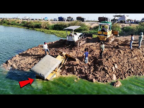 Fail In Water Bulldozer Recovery Operator Not Successful Help Pull Out By Another Twos Bulldozer