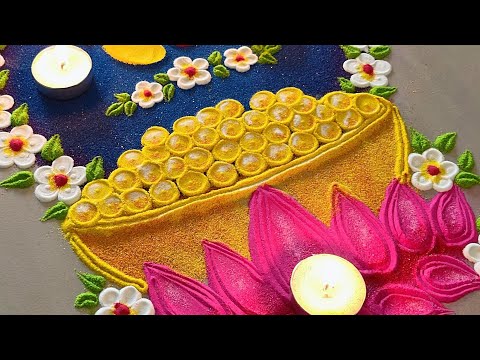 Beautiful diya with lotus rangoli design/ laxmi pujan rangoli/ diwali special rangoli